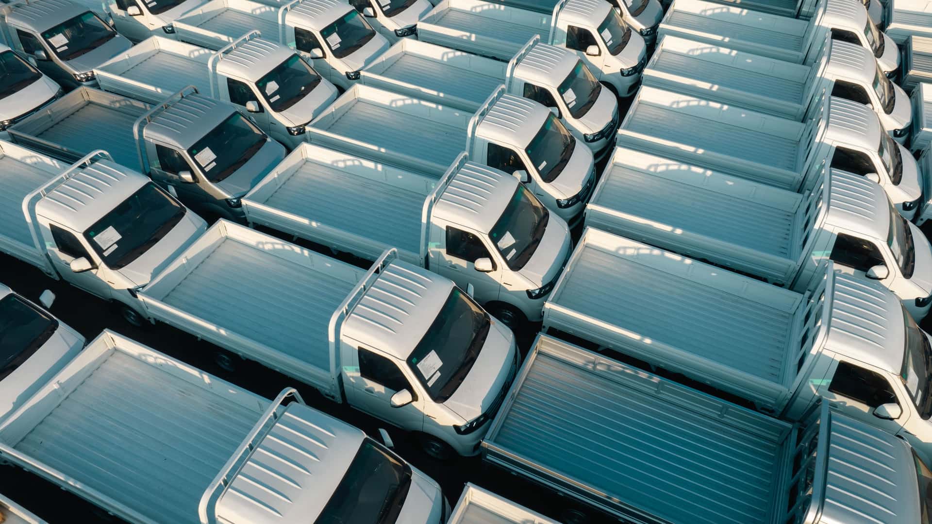 Aerial view of white pickup trucks parked in rows
