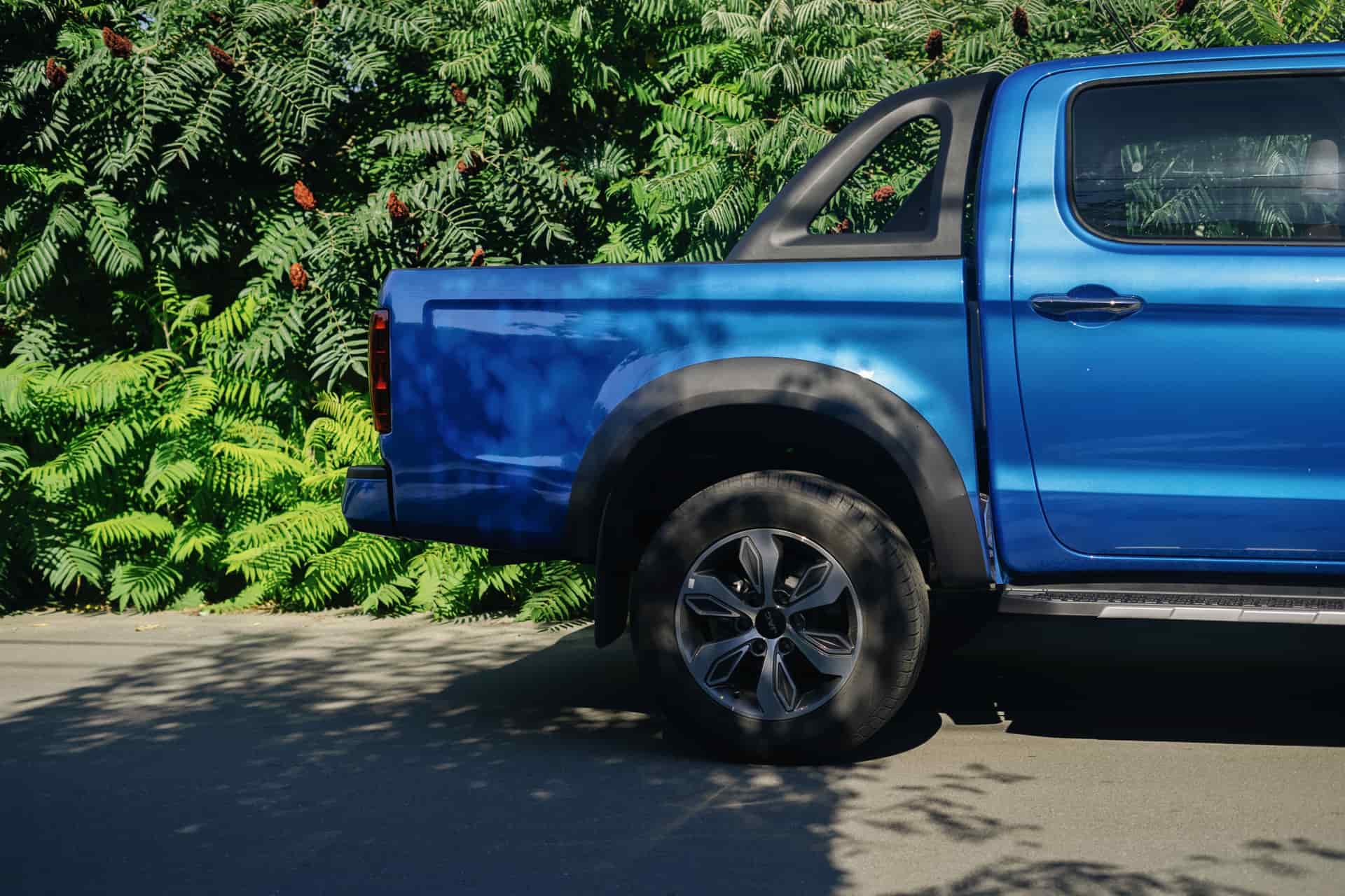 Side view of a blue pickup truck in front of lush green foliage on a sunny day